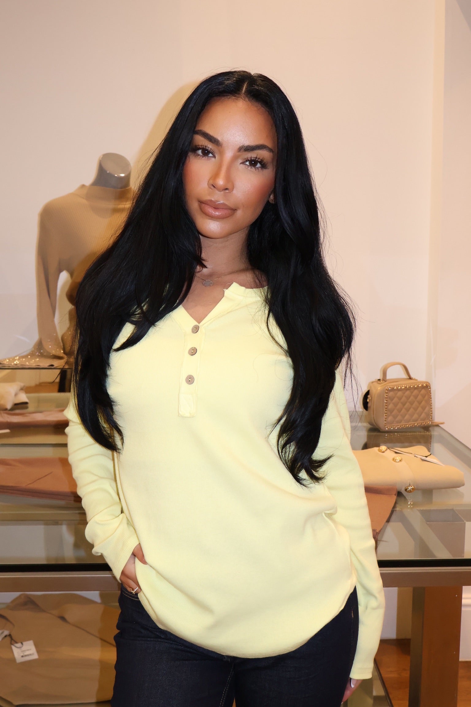 Soft Ribbed Henley Top - Lemon