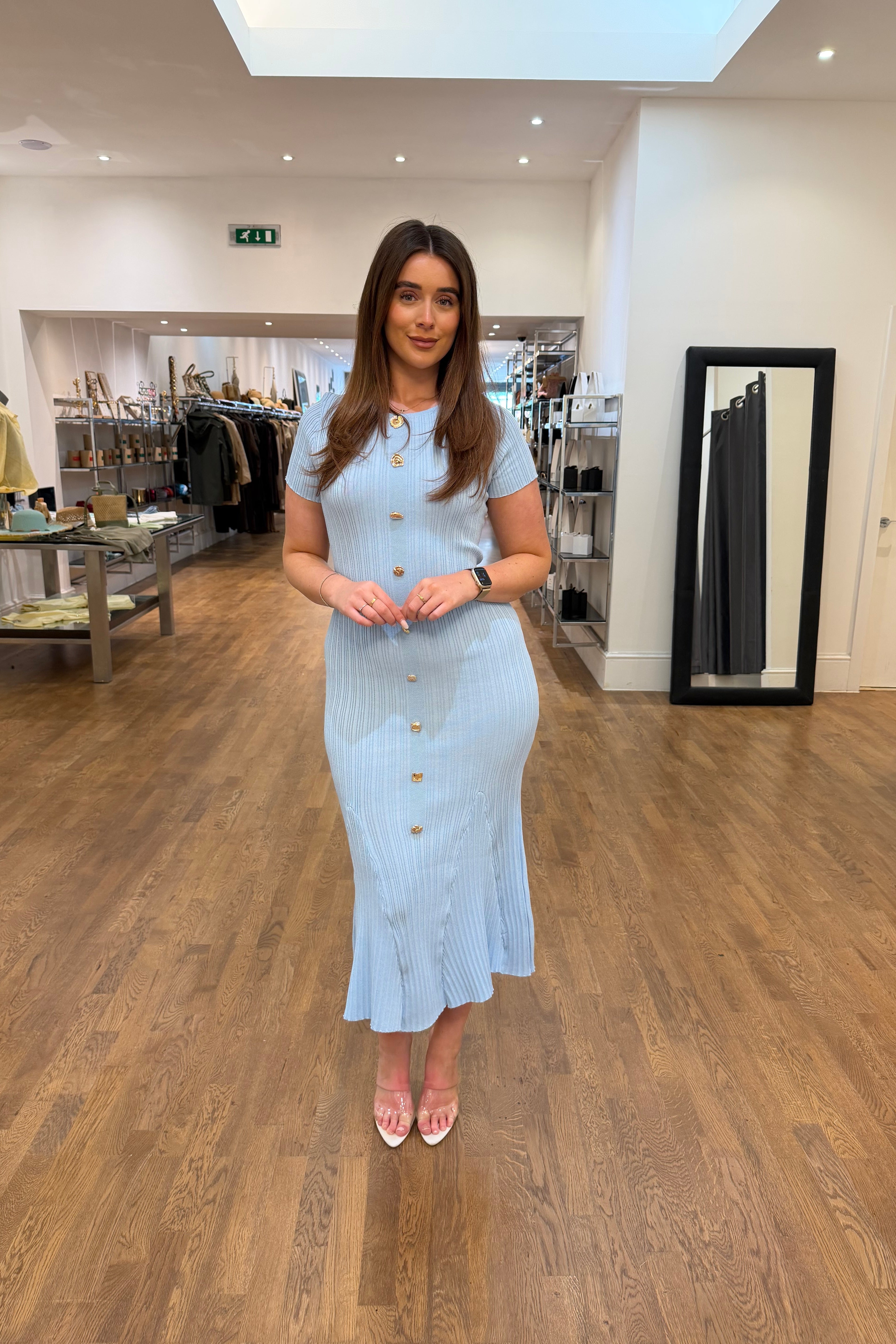Ribbed Button Midi Dress - Powder Blue