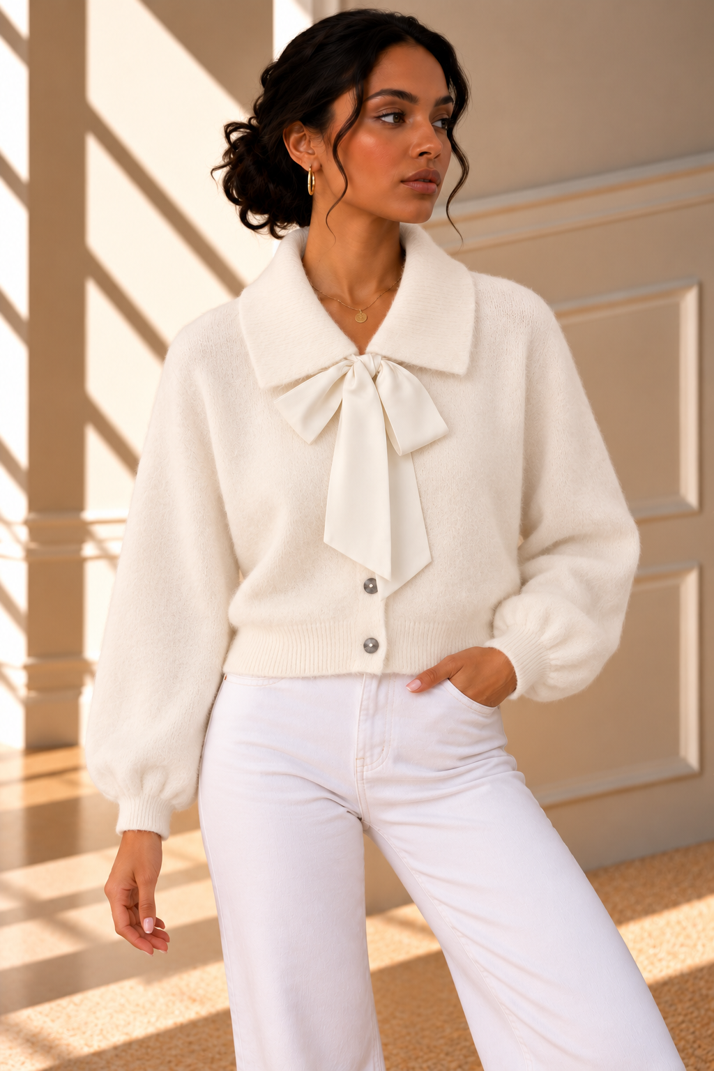 Amélie Bow Cardigan – White
