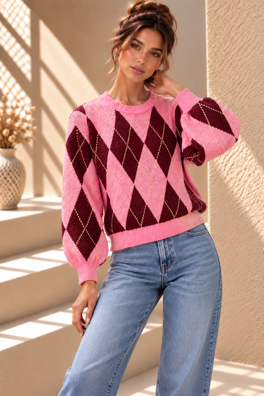 Marlow Argyle Knit – Pink & Burgundy