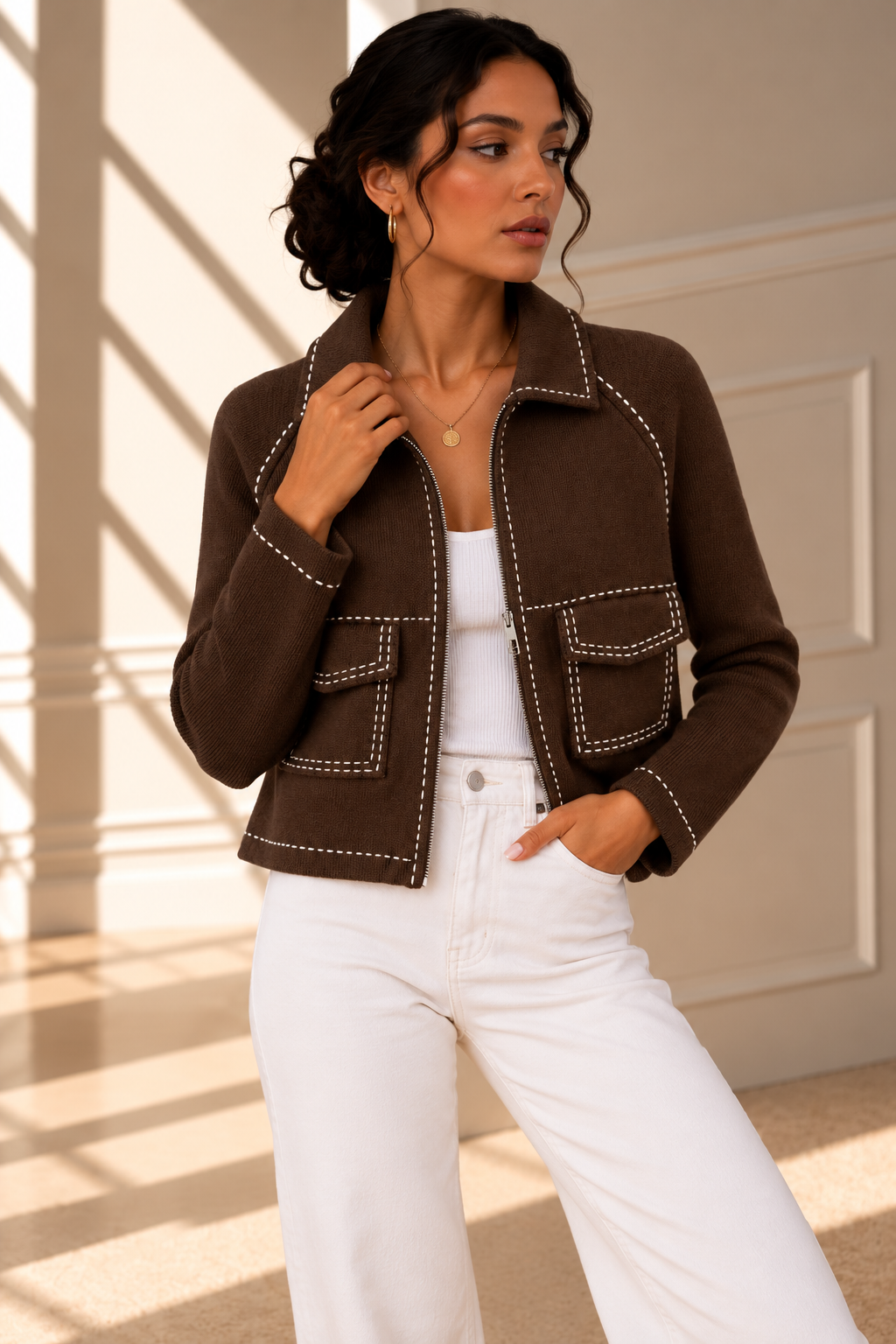 Marlowe Contrast Stitch Knit Jacket – Brown