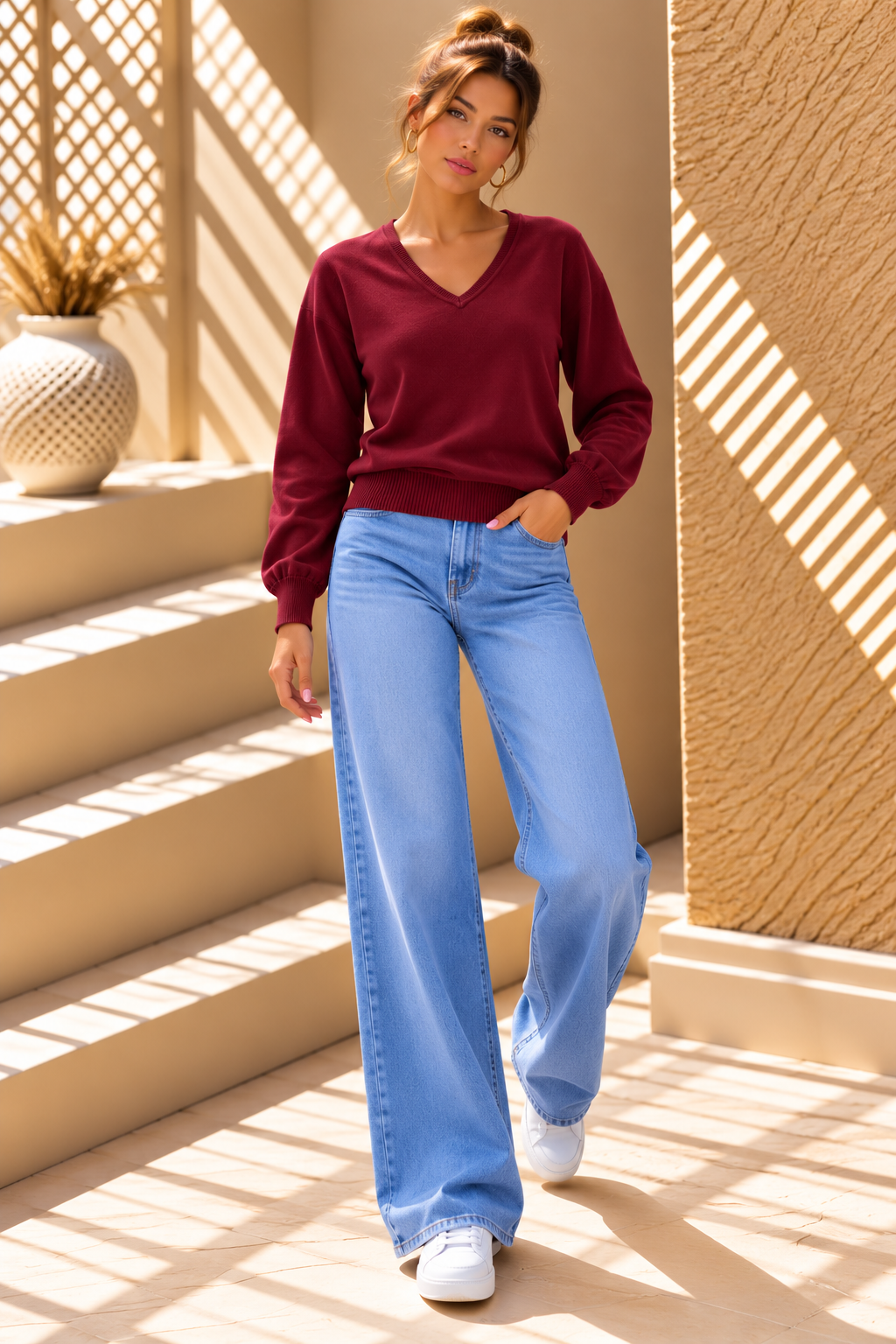 Mirelle V-Neck Knit – Burgundy