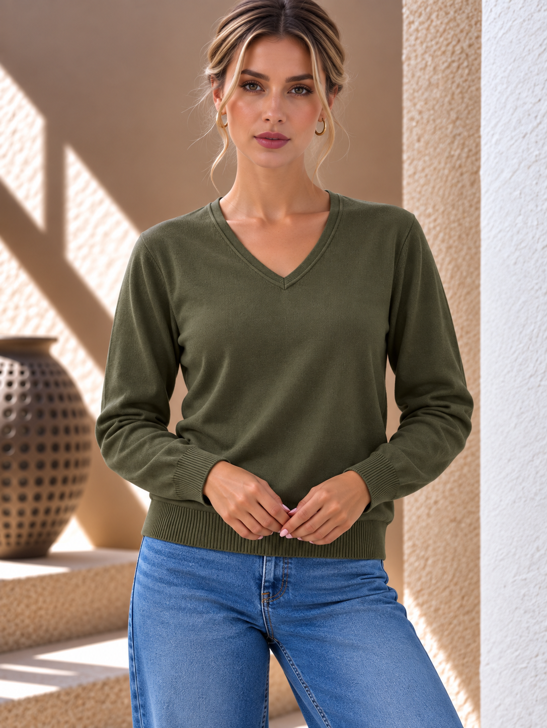 Mirelle V-Neck Knit – Khaki