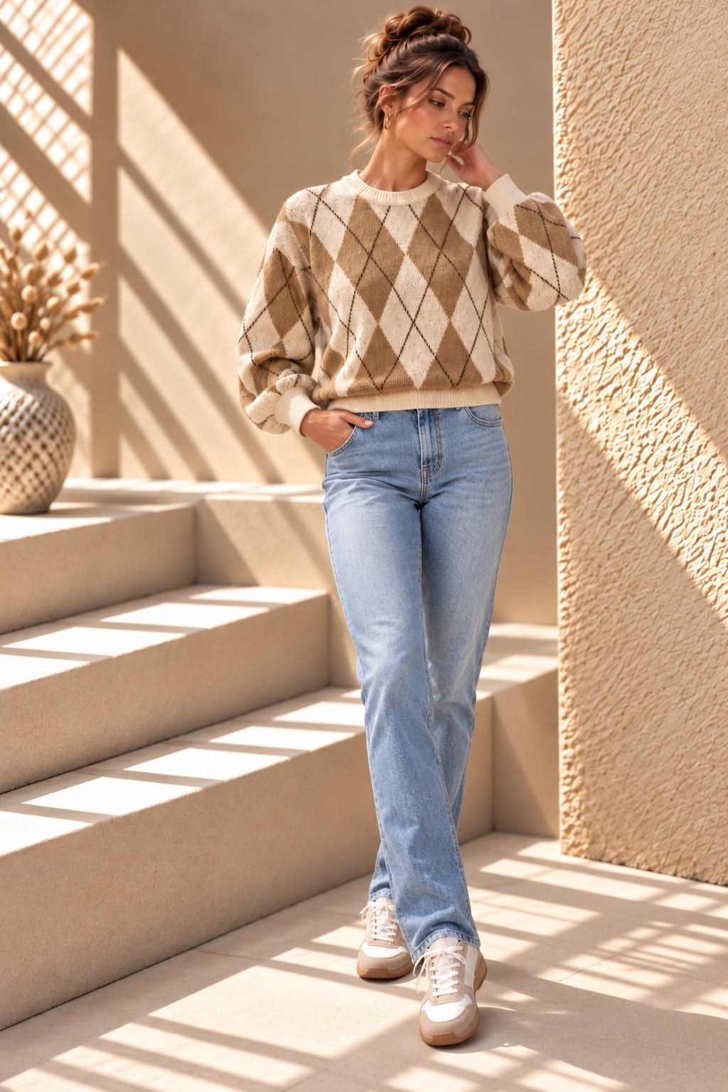 Marlow Argyle Knit – Camel & Cream