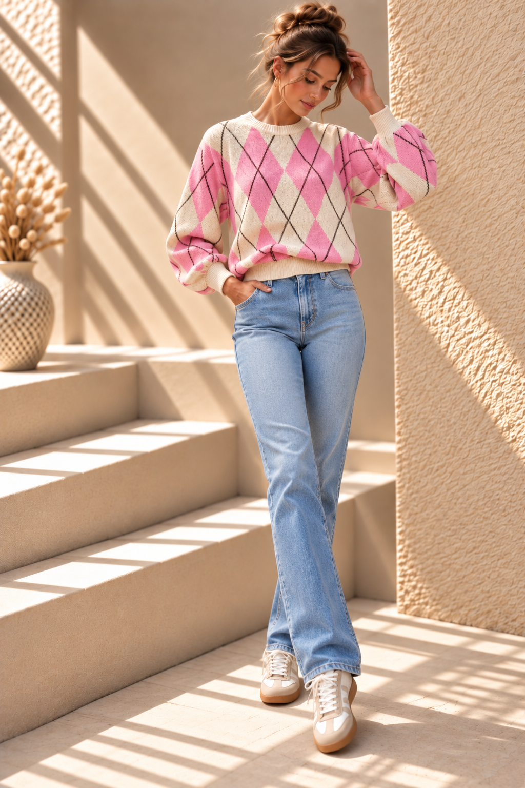 Marlow Argyle Knit – Pink & Cream