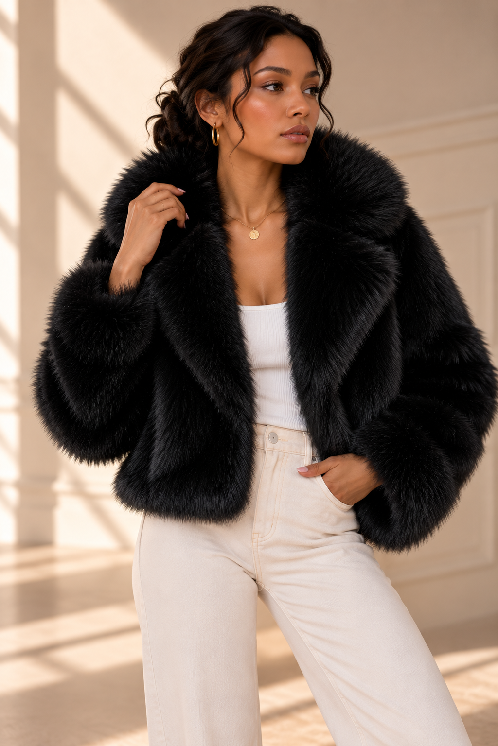 Nola Hooded Faux Fur Jacket – Black
