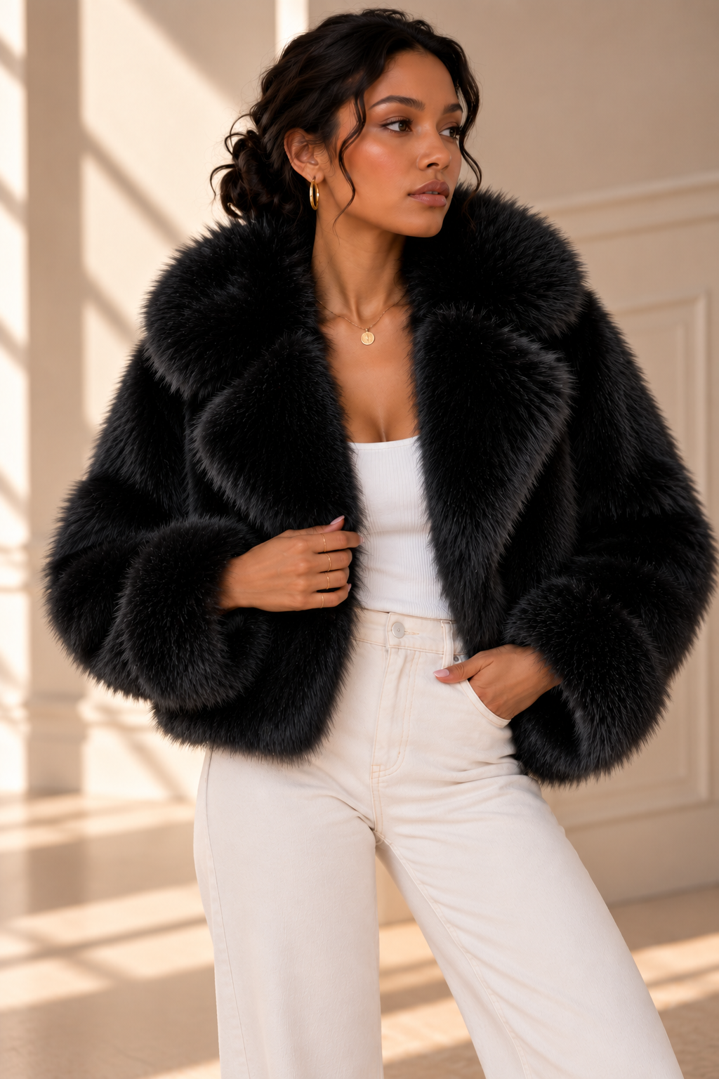 Nola Hooded Faux Fur Jacket – Black