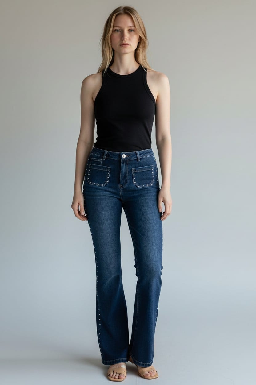 Isla Studded Flare Denim – Midnight Blue