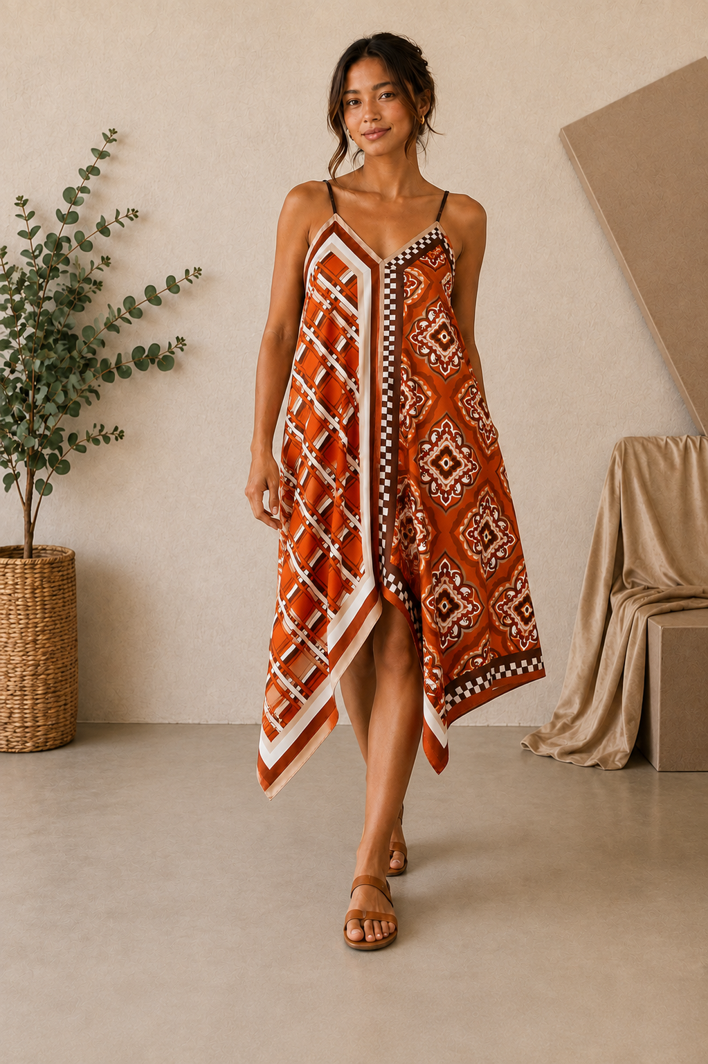 Palermo Mosaic Satin Dress - Orange