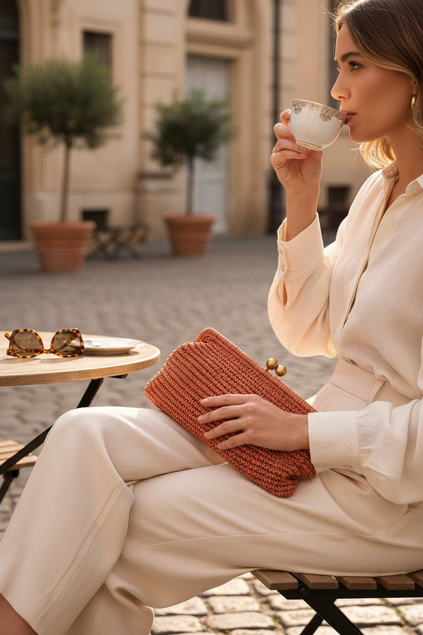 Solea Raffia Clutch - Rust