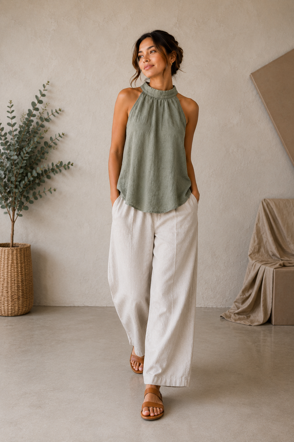 Sage Green Linen Halter Top