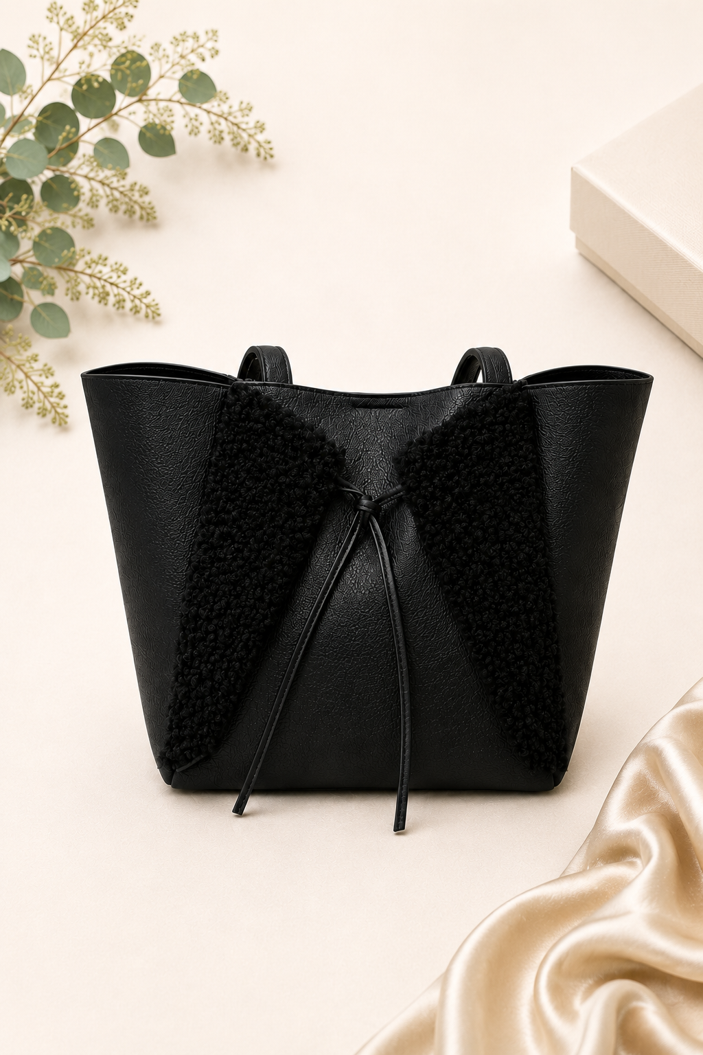 Shearling Trim Tote - Black