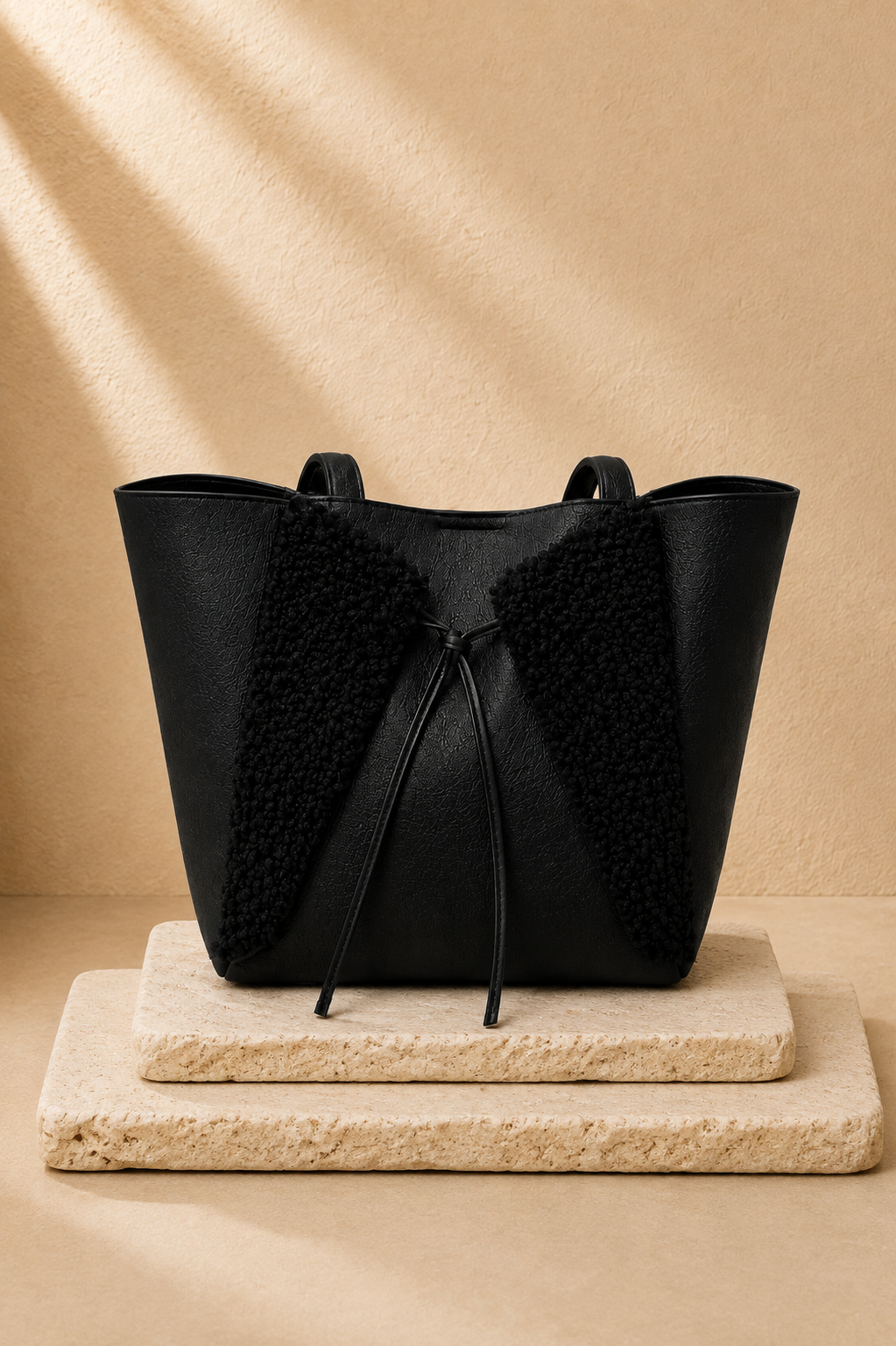 Shearling Trim Tote - Black