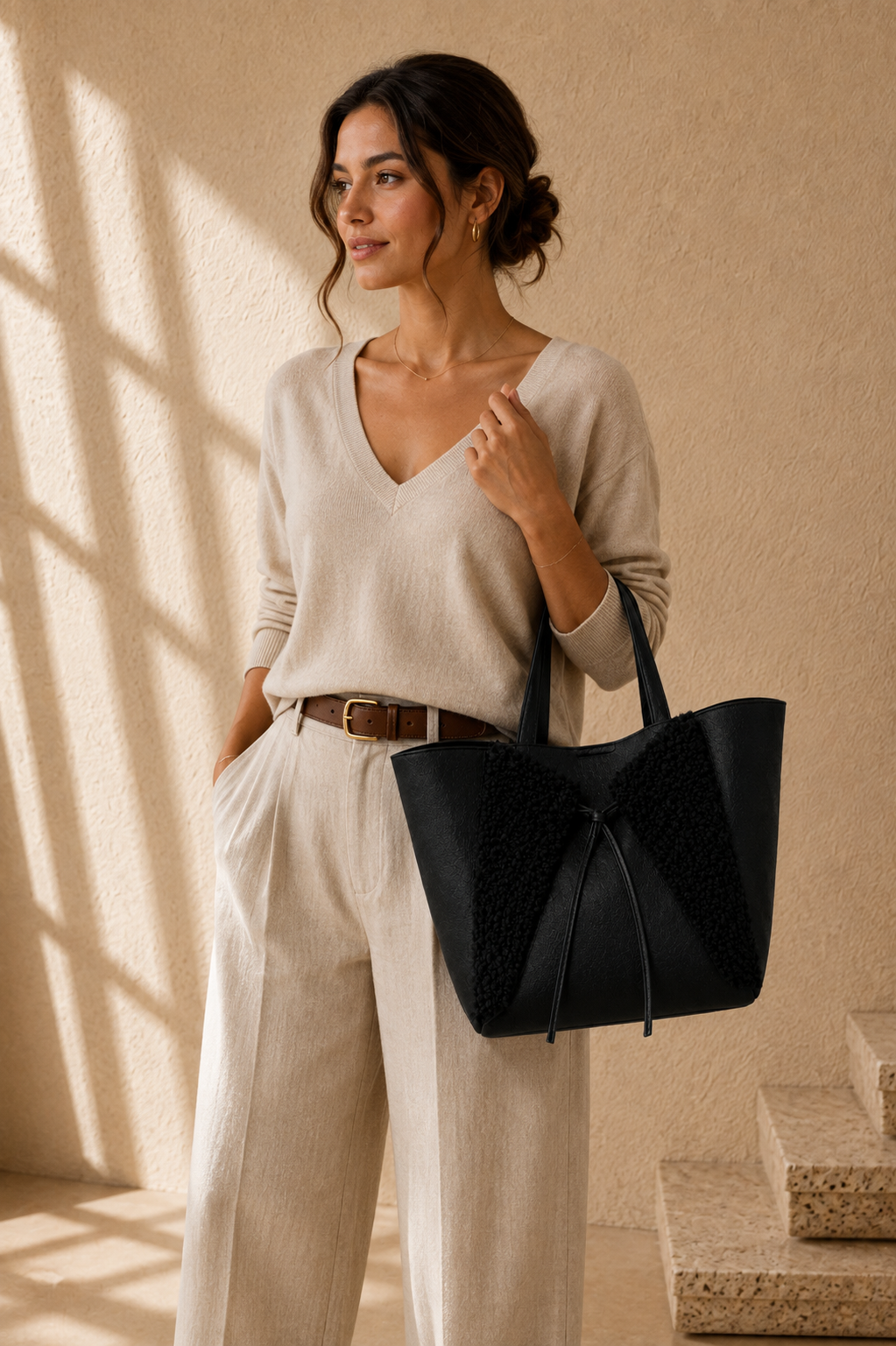 Shearling Trim Tote - Black