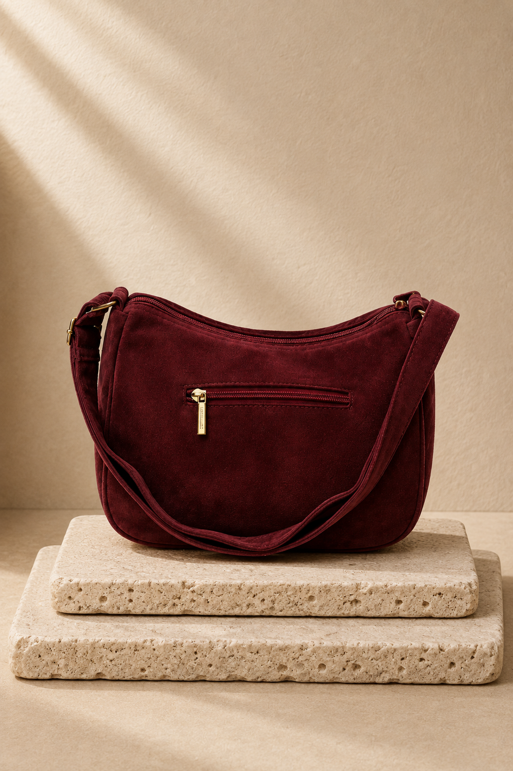 Suede Hobo Bag - Burgundy
