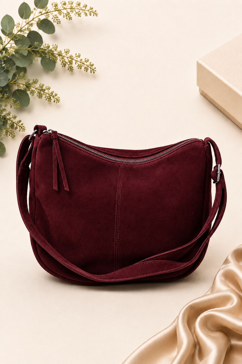 Suede Hobo Bag - Burgundy