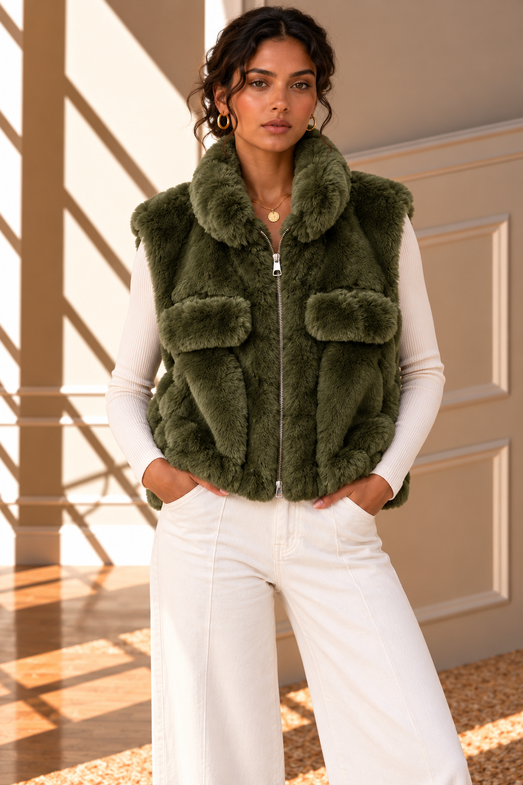 Alessia Faux Fur Gilet – Khaki