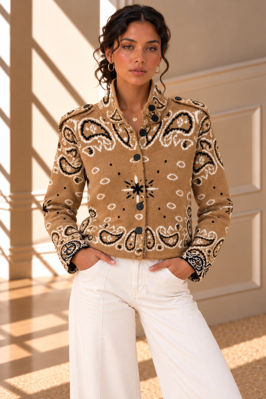 Romy Paisley Knit Jacket – Camel