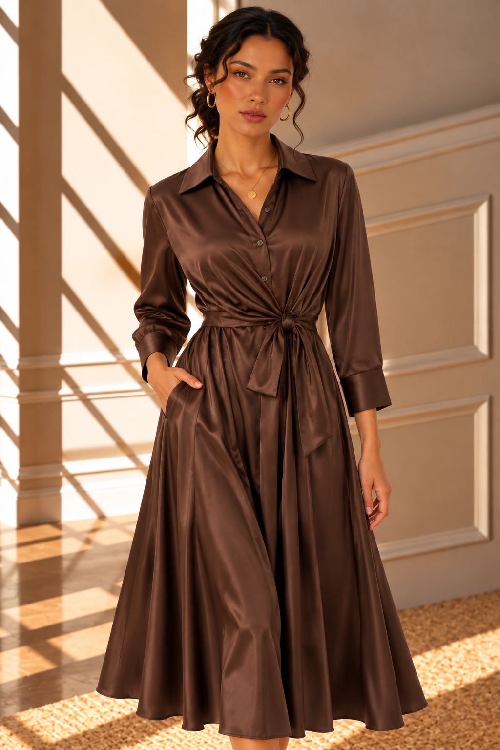 Valentina Satin Tie Waist Dress – Brown