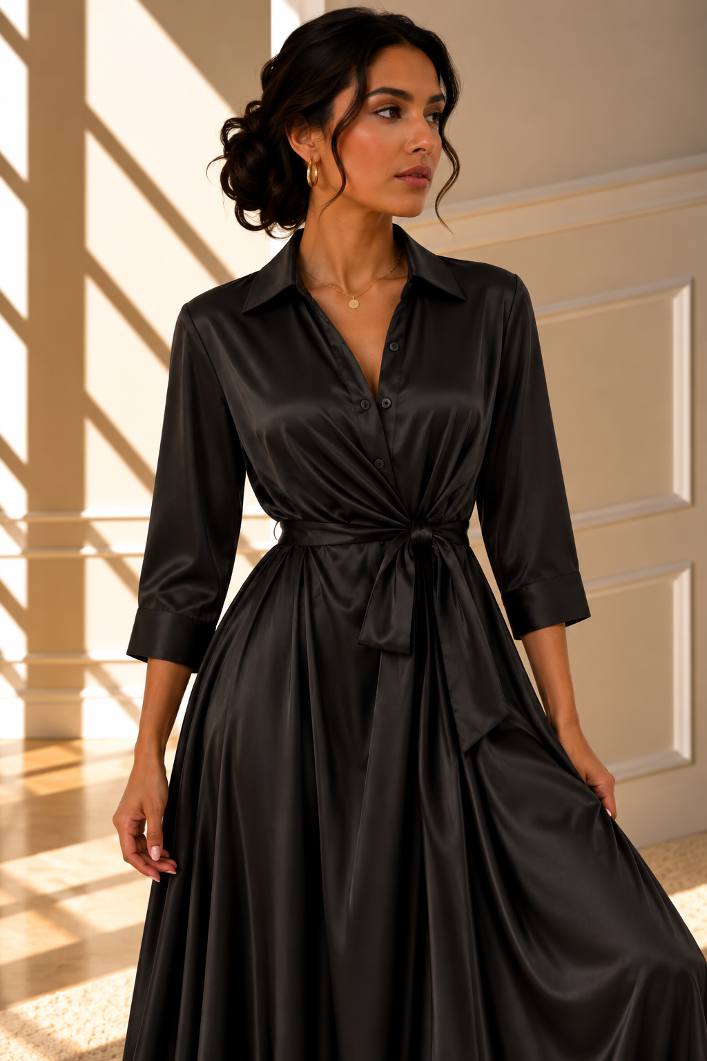 Valentina Satin Tie Waist Dress – Black