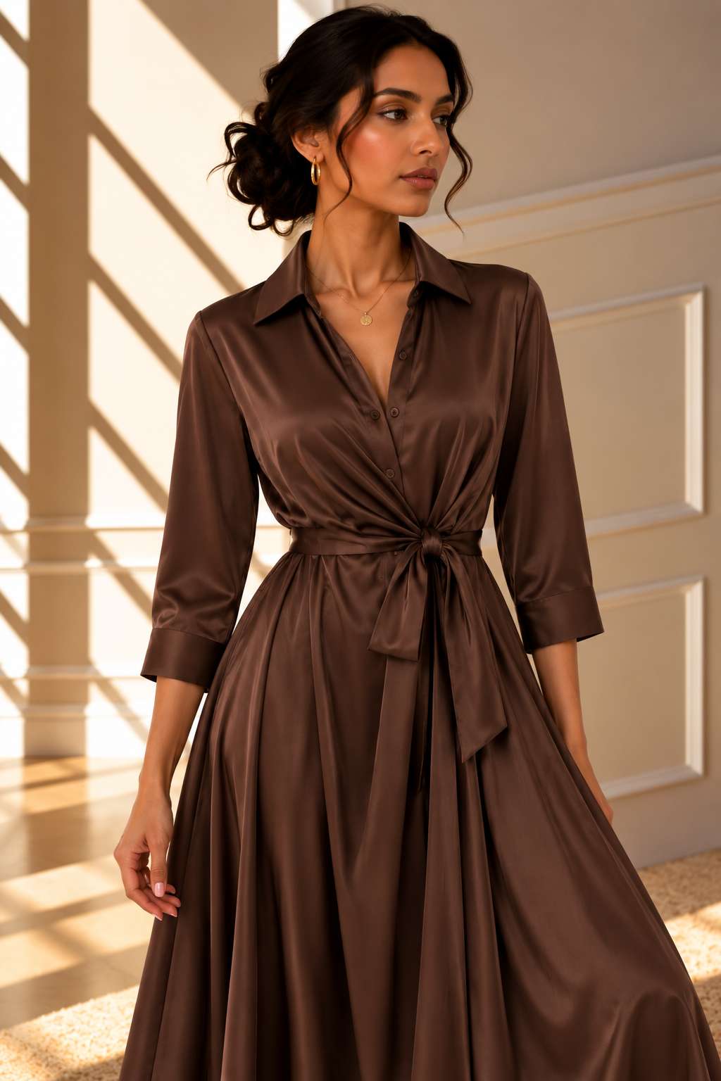 Valentina Satin Tie Waist Dress – Brown