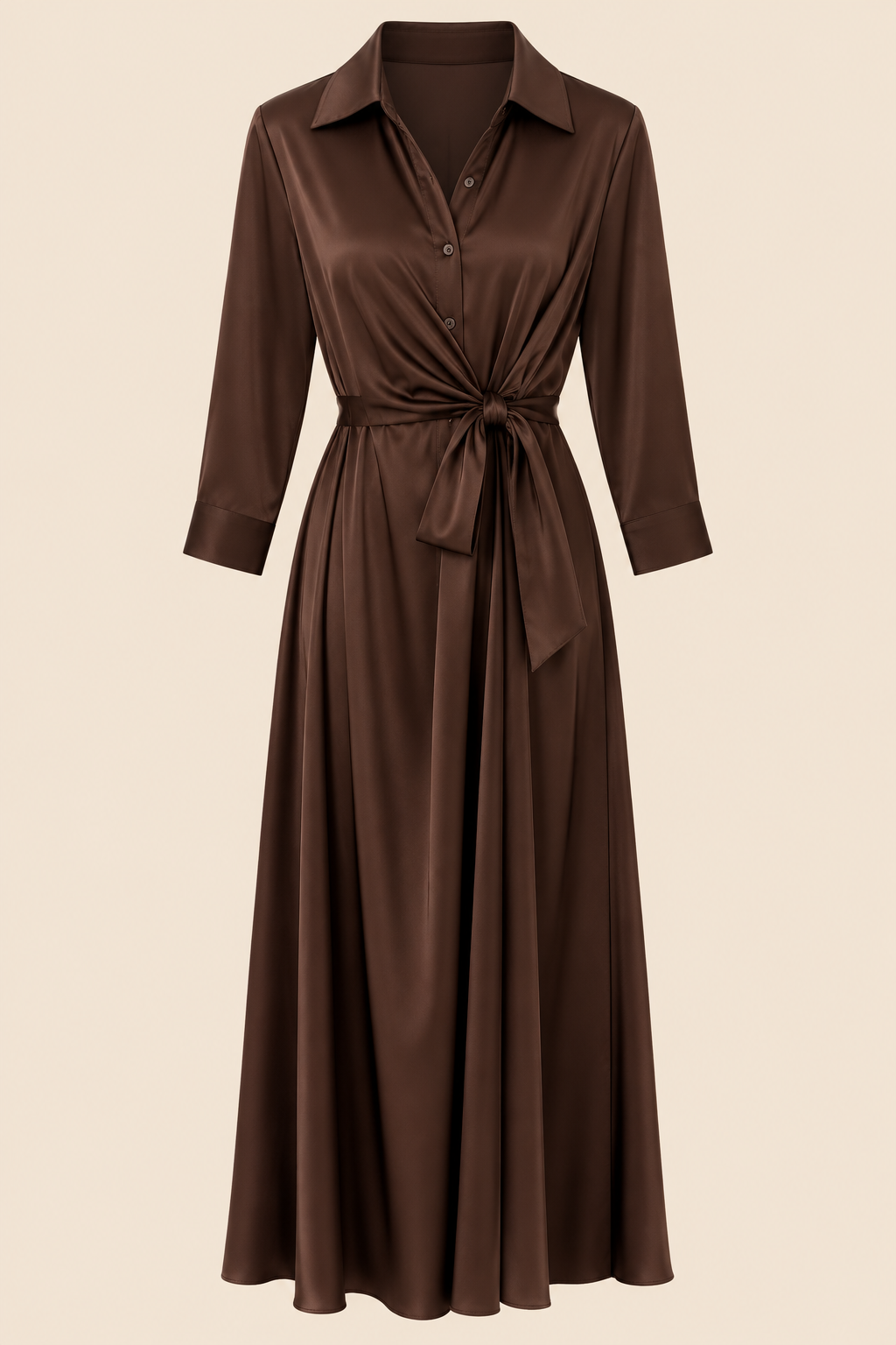Valentina Satin Tie Waist Dress – Brown