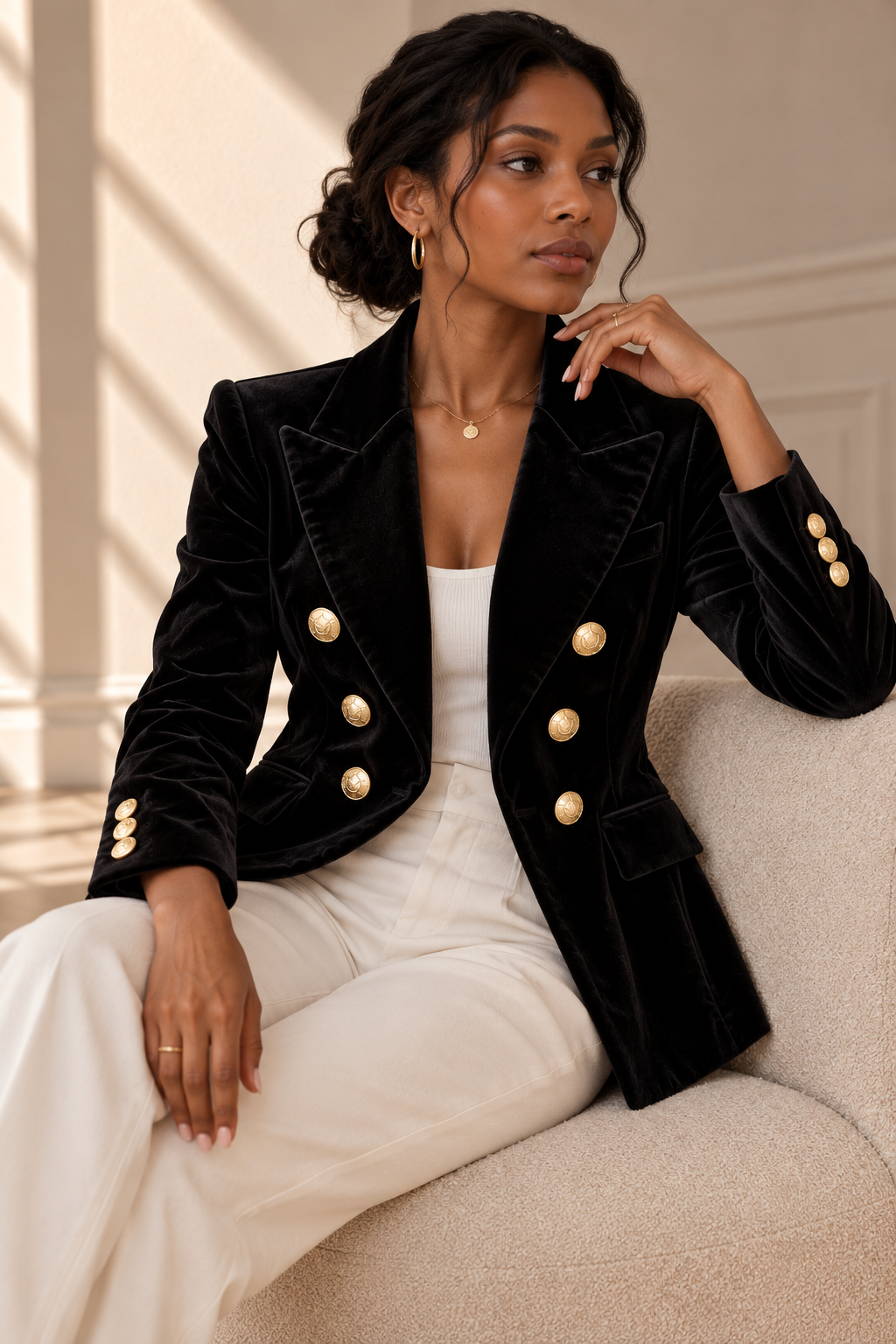 Veda Gold Button Velvet Blazer – Black