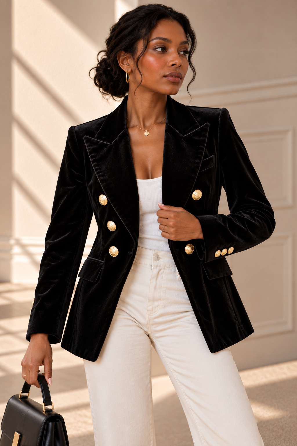 Veda Gold Button Velvet Blazer – Black