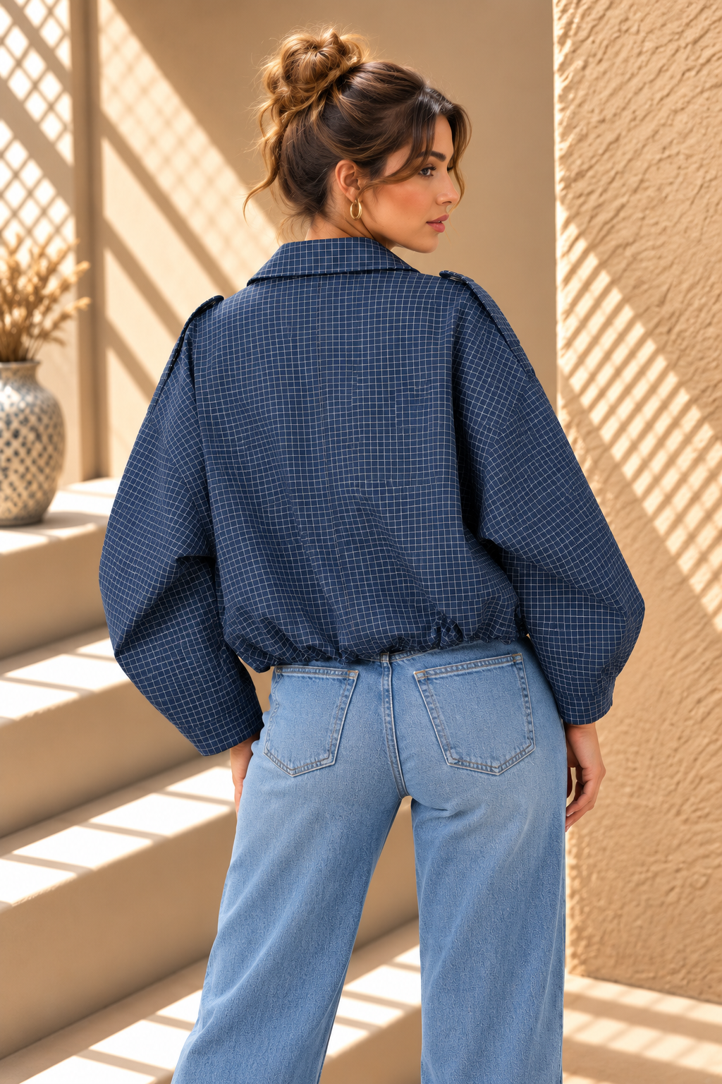 Veyra Check Cropped Jacket – Blue