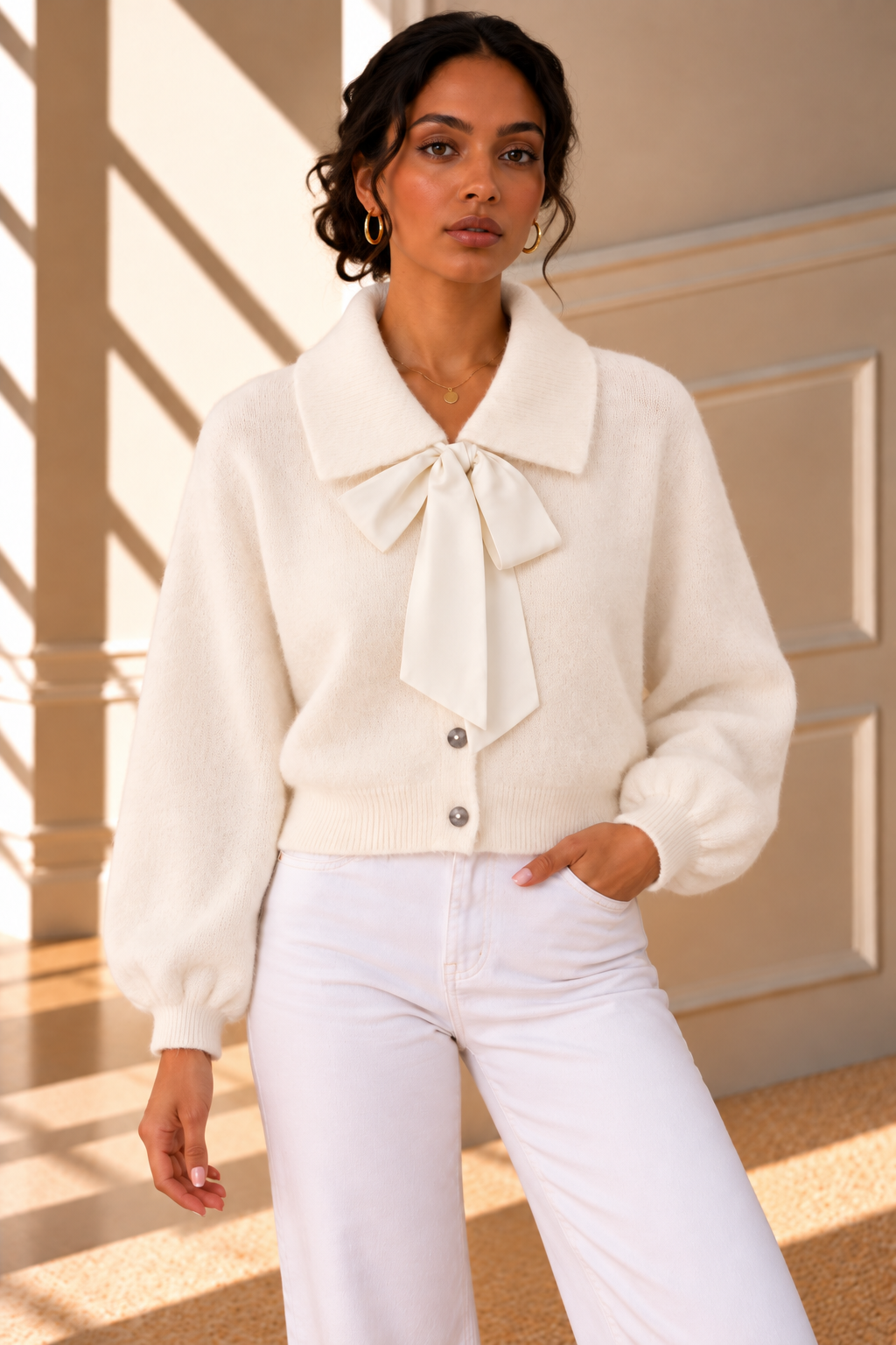 Amélie Bow Cardigan – White