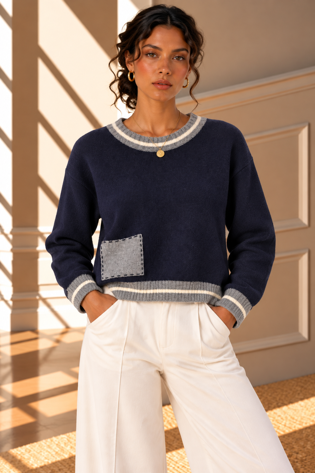 Aubrey Contrast Trim Knit Jumper – Navy