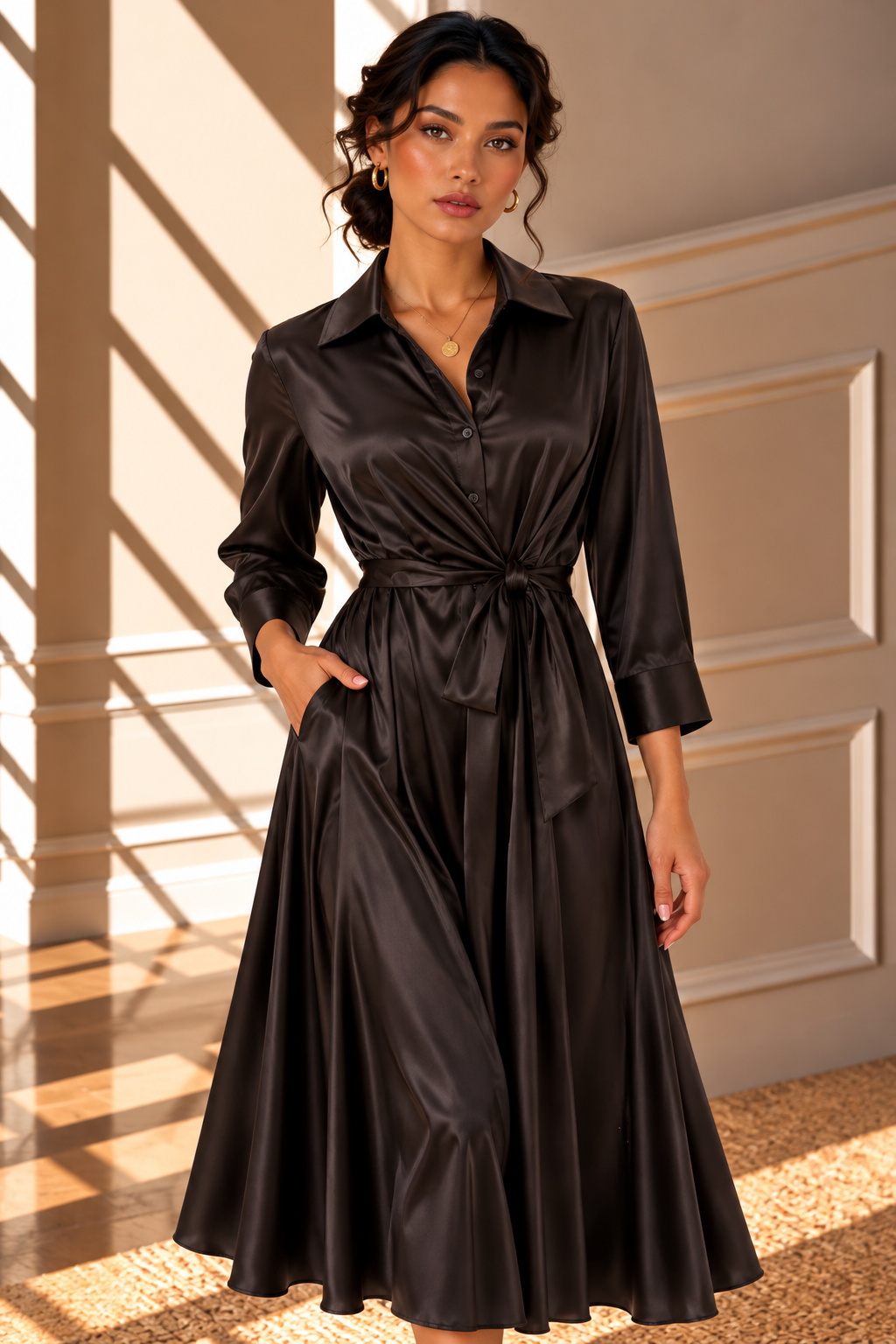 Valentina Satin Tie Waist Dress – Black