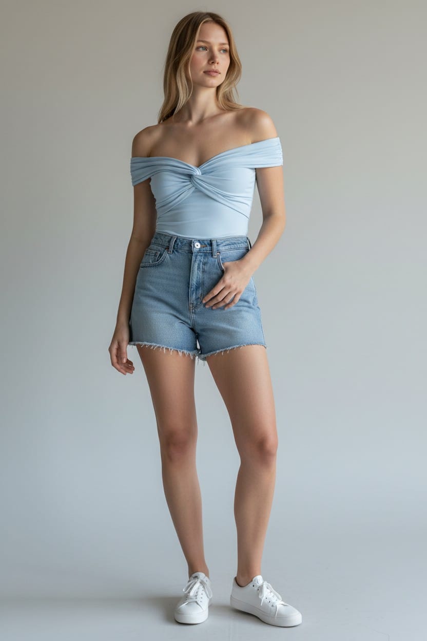 CloudMuse Twist Bardot Top – Powder Blue