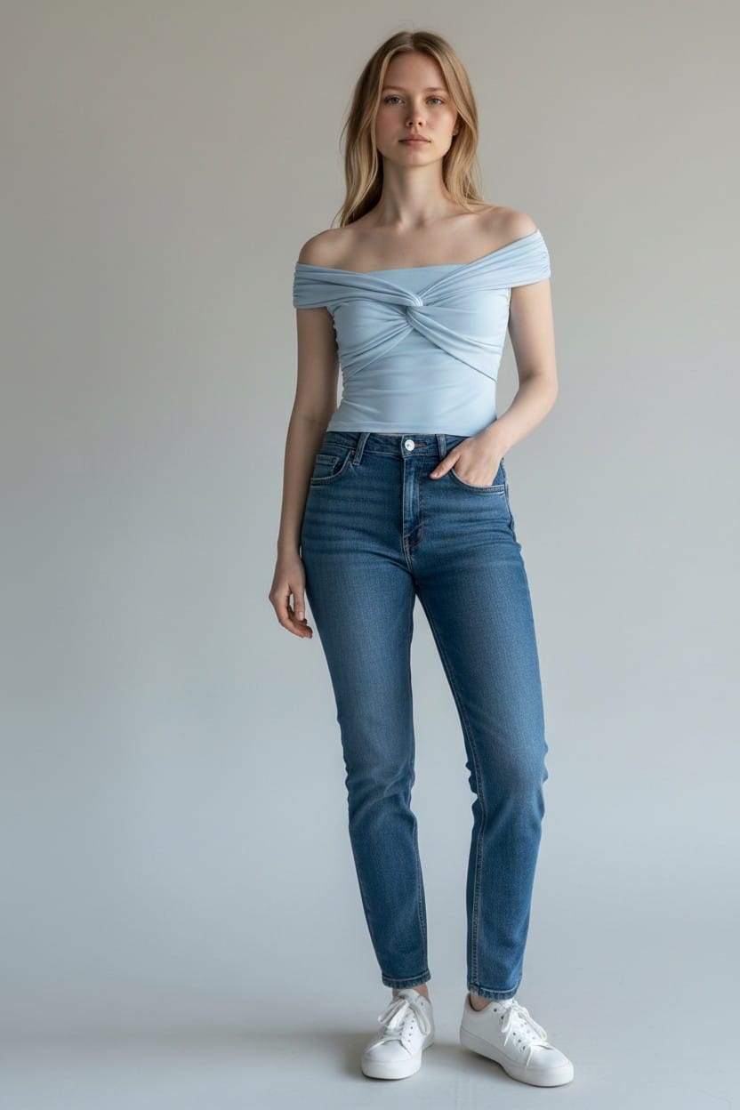 CloudMuse Twist Bardot Top – Powder Blue