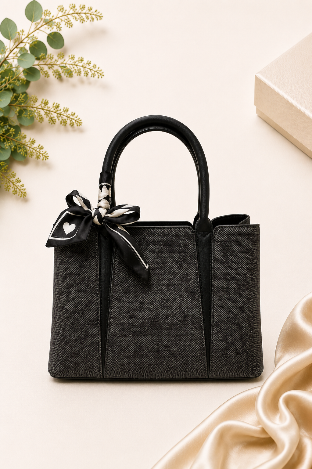 Woven Tote with Silk Scarf - Charcoal