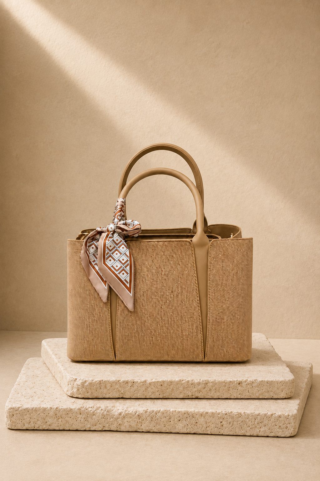 Woven Tote with Silk Scarf - Tan