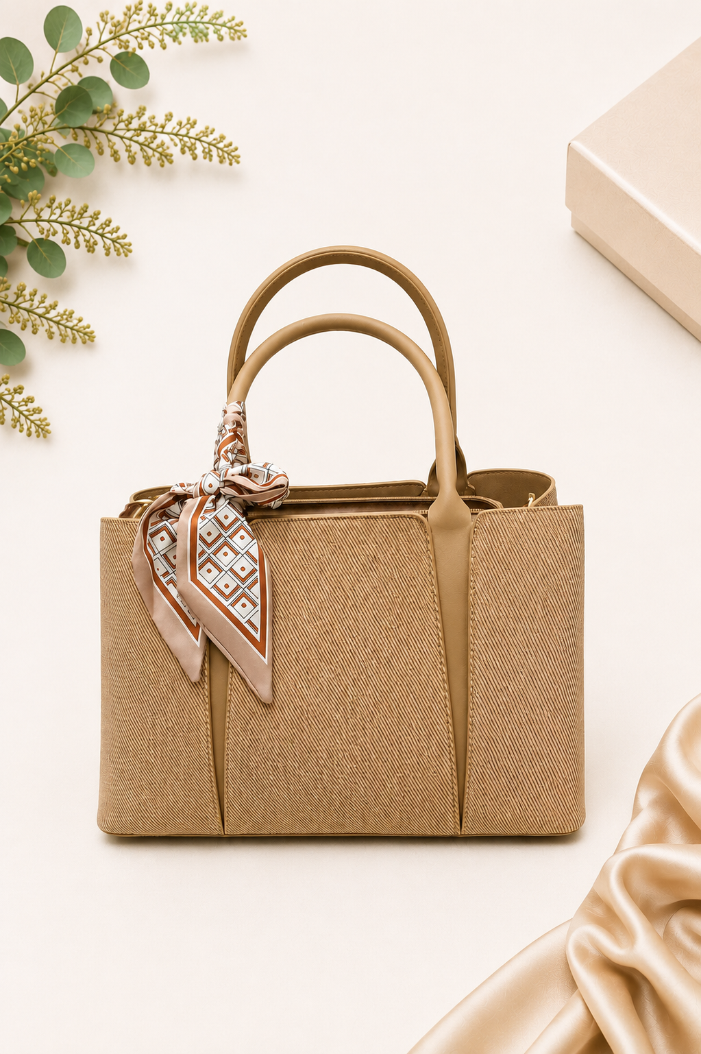 Woven Tote with Silk Scarf - Tan