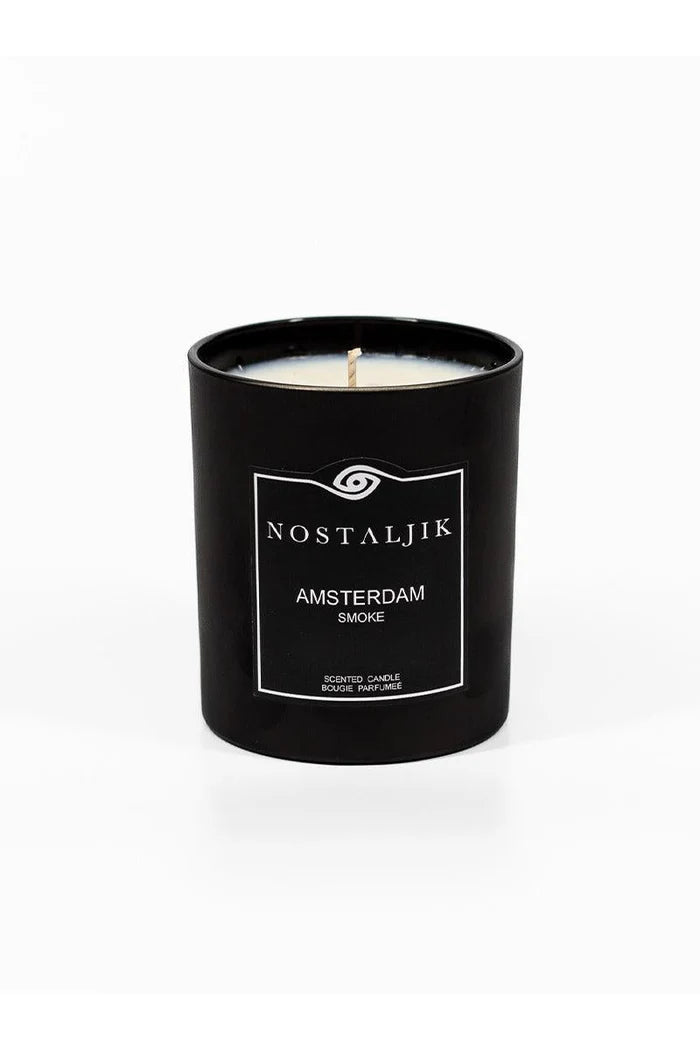 Amsterdam Smoke luxury candle in a sleek glass vessel