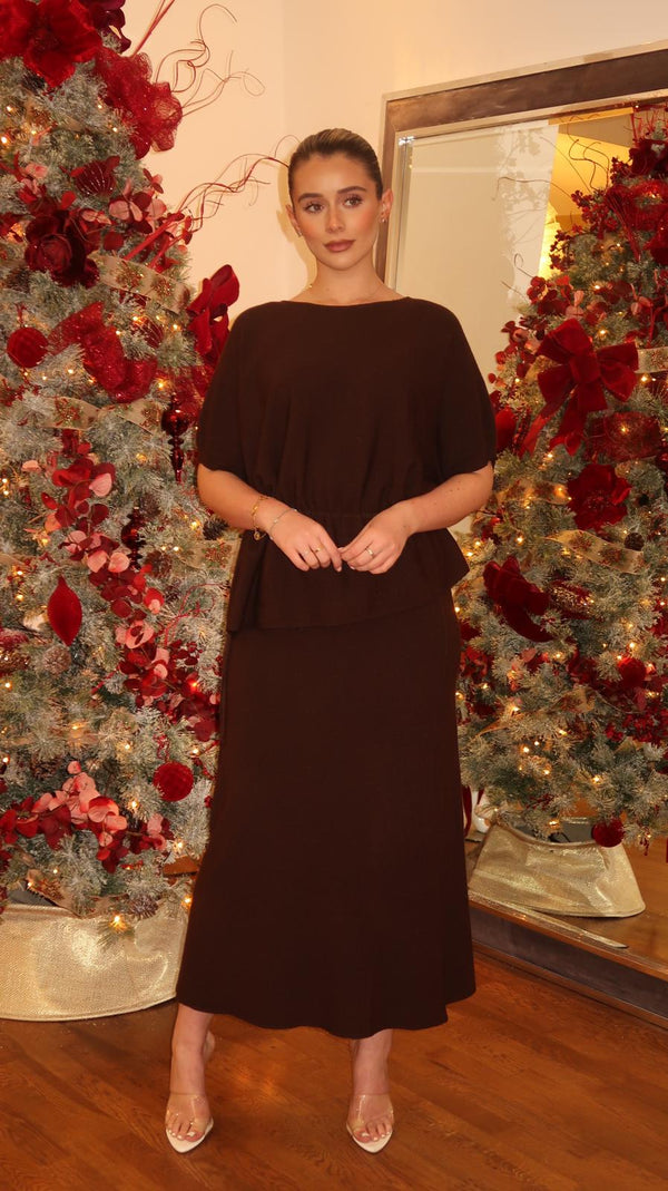 Ayla two-piece peplum set in brown.