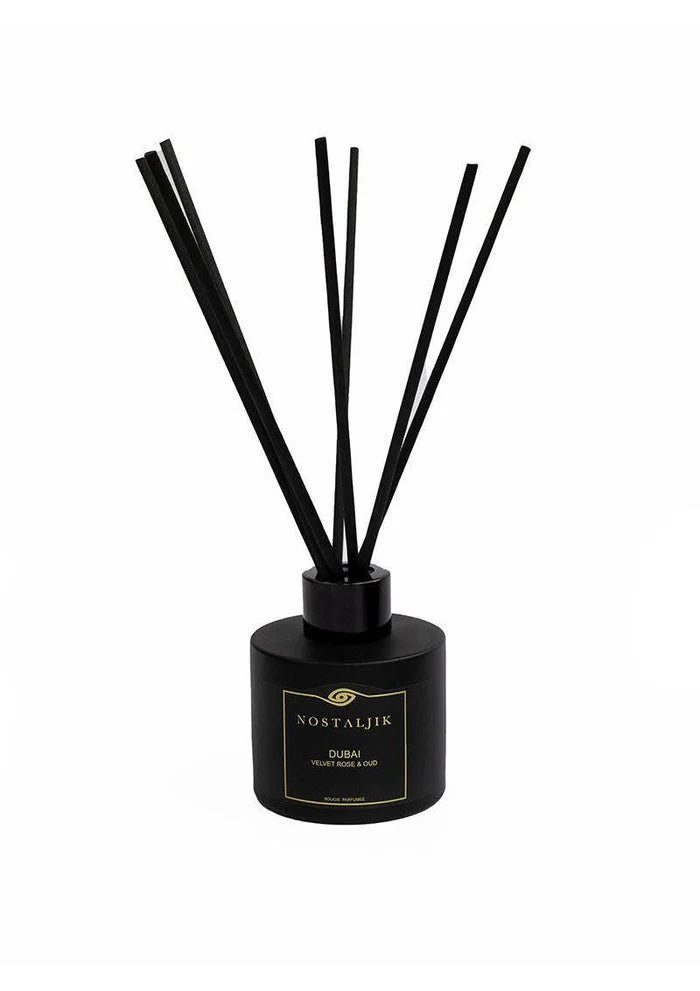 Dubai Velvet Rose & Oud diffuser in black glass bottle with reed sticks
