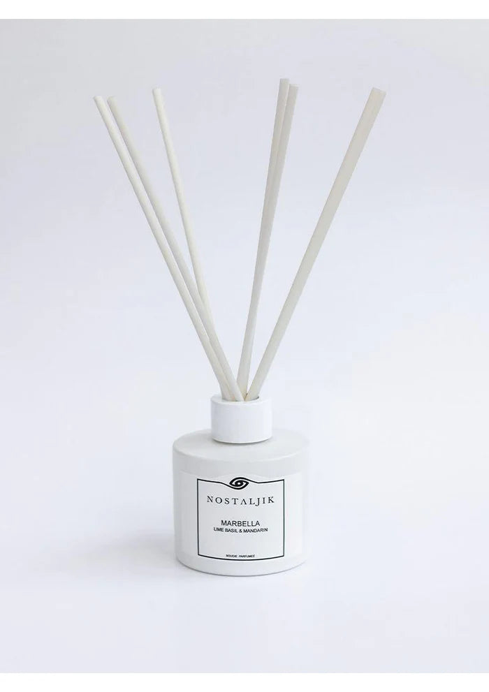 Marbella Lime Basil & Mandarin diffuser with black reeds in glass bottle